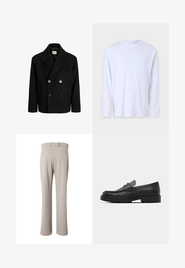 Abrigo de lana negro tipo peacoat con diseño de doble botonadura, grandes solapas y dos bolsillos frontales, con botones plateados y negros. Textura suave.; Camiseta blanca de manga larga hecha de algodón suave, con un diseño de cuello redondo y detalles de costura sutiles en el frente y los hombros.; Pantalones beige de corte recto mostrados por detrás, con trabillas para cinturón y dos bolsillos de vivo en la cintura.; Mocasines de cuero negro con punta redonda, que cuentan con un diseño cosido, suela de plataforma baja y una suela de goma texturada y con tacos.