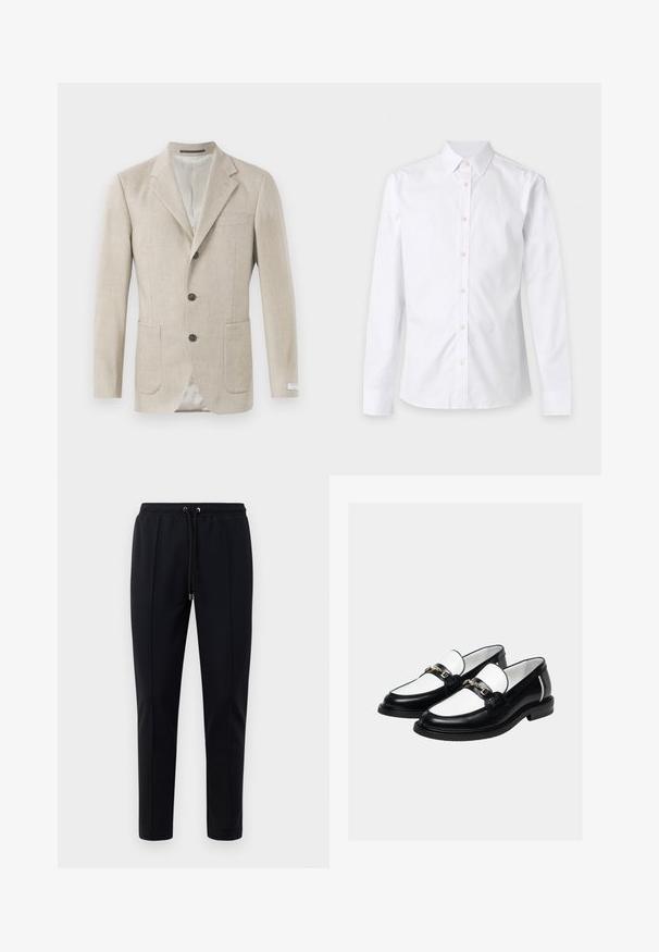 Beige Leinenblazer mit einem Reverskragen, drei schwarzen Knöpfen, zwei Fronttaschen und einer einzelnen Brusttasche. Glattes, strukturiertes Material.; Weißes Hemd mit langen Ärmeln, Knopfleiste, Kragen und Manschetten, flach auf einem hellen einfarbigen Hintergrund dargestellt.; Schwarze Jogginghosen aus weichem, elastischem Material. Mit einem elastischen Bund und Kordeln sowie schmal zulaufenden Beinen. Keine sichtbaren Muster.; Paar schwarz-weiße Lederloafer mit goldener Kettenverzierung oben, vor schlichtem hellem Hintergrund.