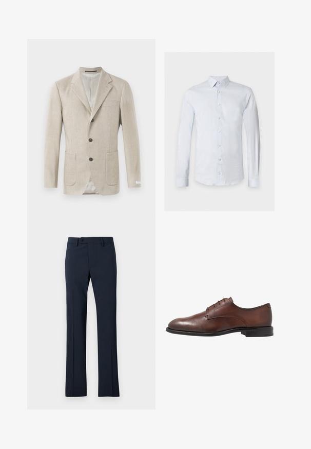 Beige linned blazer med en notched lapel, tre sorte knapper, to frontlommer og en enkelt brystlomme. Glat tekstureret stof.; Lyseblå skjorte med lange ærmer, knaplukning foran og spids krave, vist på en ensfarvet hvid baggrund.; Mørkeblå bukser lavet af glat stof, med et lige ben design, en knaplukning og detaljer med frynser foran.; Brune læder dress sko med en glat finish, rund tå, fire snørehuller og en lav sort gummihæl. Enkel design uden mønstre.