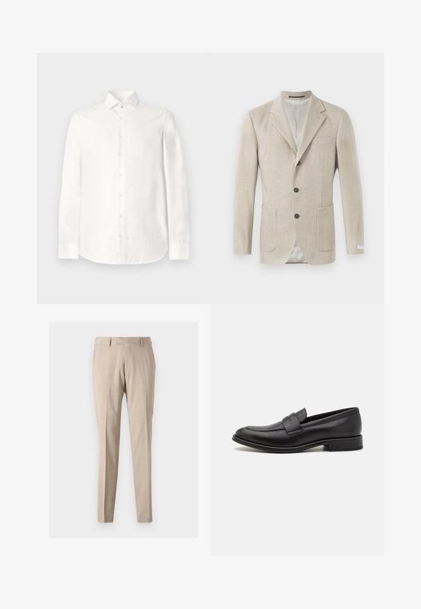Beige linned blazer med en notched lapel, tre sorte knapper, to frontlommer og en enkelt brystlomme. Glat tekstureret stof.; Hvid langærmet skjorte lavet af glat stof. Har en spids krave, frontlukning med knapper og en rundet kant. Ingen synlige mønstre.; Beige tapered bukser lavet af letvægtsstof, med forreste folder, to sidelommer og en glat tekstur.; Sort læderloafer med en glat finish, en dekorativ rem over vristen, rund tå og en lav stablet hæl.