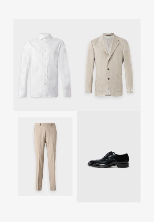 Beige linned blazer med en notched lapel, tre sorte knapper, to frontlommer og en enkelt brystlomme. Glat tekstureret stof.; Hvid langærmet skjorte med beige knapper, spids krave og knappede manchetter, vist fladt på en lys baggrund.; Beige tapered bukser lavet af letvægtsstof, med forreste folder, to sidelommer og en glat tekstur.; Sort læder dress sko med en poleret finish, afrundet tå, snøredesign og en lav stablet hæl, der har en subtil sømdetalje.