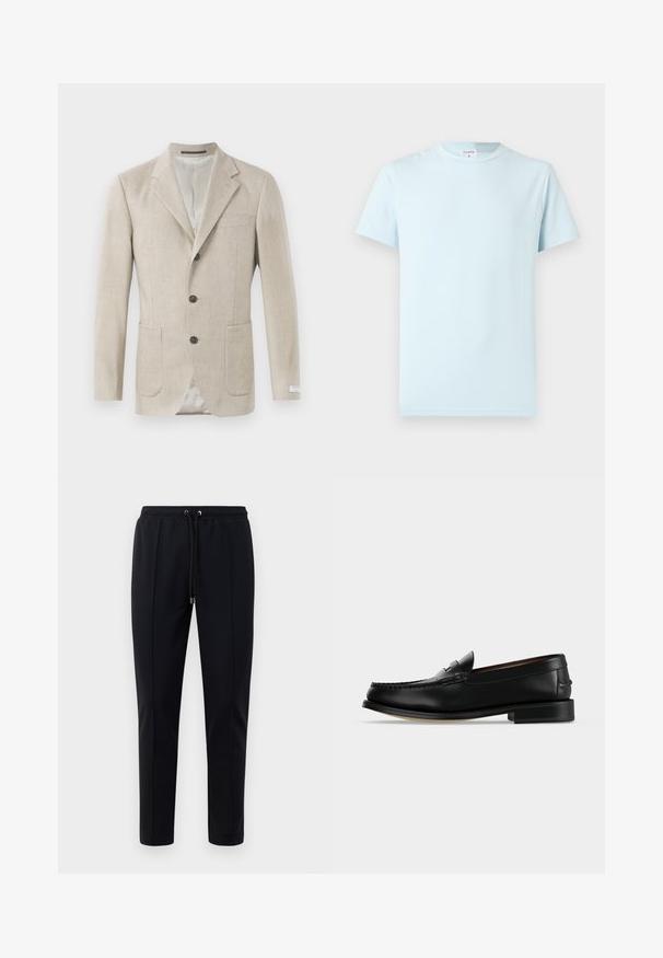 Beige Leinenblazer mit einem Reverskragen, drei schwarzen Knöpfen, zwei Fronttaschen und einer einzelnen Brusttasche. Glattes, strukturiertes Material.; Hellblaues T-Shirt mit kurzen Ärmeln aus weicher Baumwolle. Verfügt über einen klassischen Rundhalsausschnitt und ein minimalistisches Design ohne Muster oder Verzierungen.; Schwarze Jogginghosen aus weichem, elastischem Material. Mit einem elastischen Bund und Kordeln sowie schmal zulaufenden Beinen. Keine sichtbaren Muster.; Schwarzer Leder-Herrenschuh (Loafer) mit niedrigem Absatz und Mokassin-artiger Naht am Zehenbereich, seitlich auf einfarbigem Hintergrund dargestellt.
