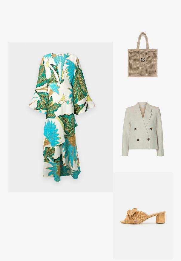 Dobbeltbrystet blazer i lys beige hør med to store brune knapper, spidse lapeller og lange ærmer; glat tekstur og skræddersyet pasform.; Lang, flydende kjole med dyb V-hals, klokkeærmer og levende tropiske bladmønstre i teal, guld og grøn på en lys baggrund.; Beige, flettede sandaler med åben tå og hæl, der har en knyttet accent på overdelen og en tekstureret blokhæl for stabilitet.; Beige hæklet shoppertaske med to håndtag og et centralt sort abstrakt blomsterprint på en hvid baggrund.