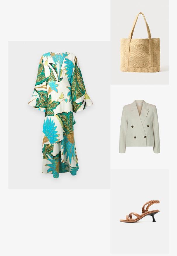 Dubbelzijdige blazer in lichtbeige linnen met twee grote bruine knopen, gesloten revers en lange mouwen; gladde textuur en een getailleerde pasvorm.; Lange, vloeiende jurk met een diepe V-hals, klokmouwen en levendige tropische bladvormen in teal, goud en groen op een lichte achtergrond.; Lichtbruine sandaal met gevlochten leren riempjes en een lage zwarte kittenhak, zijaanzicht op witte achtergrond.; Beige geweven strooien tas met twee schouderbanden en subtiele cursieve borduurwerk aan de voorkant, tegen een effen achtergrond.