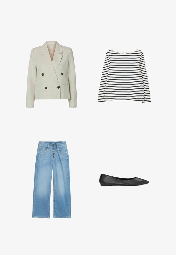 Dobbeltbrystet blazer i lys beige hør med to store brune knapper, spidse lapeller og lange ærmer; glat tekstur og skræddersyet pasform.; Hvid langærmet skjorte med horisontale marineblå striber og rund hals, lagt fladt på en hvid baggrund.; Lyseblå vidde jeans lavet af denim, med høj talje, fem-knaps lukning foran og to forlommer. Glat tekstur over det hele.; Sorte læder ballet flade med spids tå, glat overflade og flad sål. Minimalistisk design uden synligt hardware eller detaljer.