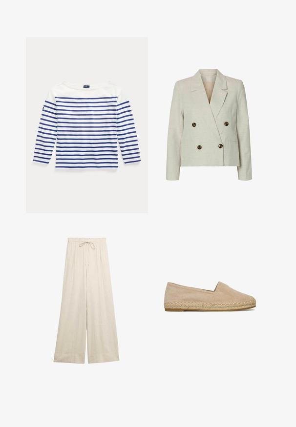 Dobbeltbrystet blazer i lys beige hør med to store brune knapper, spidse lapeller og lange ærmer; glat tekstur og skræddersyet pasform.; Langærmet top i hvid bomuld med vandrette blå striber. Har en bådudskæring og et lille logo-mærke på venstre ærme.; Beige linnedbukser med vide ben, elastisk talje og snor til justering, designet til en løs og behagelig pasform.; Beige ruskind espadrille flad med flettet jutesål og slip-on design, vist fra siden på en hvid baggrund.