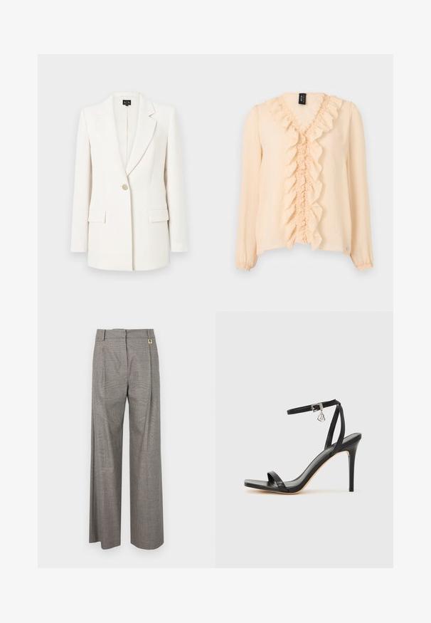 Blazer blanc en tissu lisse. Présente un col cranté, une fermeture à un bouton, deux poches avant et une coupe ajustée.; Blouse beige à manches longues avec encolure en V à volants sur le devant, poignets élastiques et tissu léger.; Pantalons larges en tartan gris avec taille haute, plissés à l'avant et accent en métal doré à la taille. Tissu texturé.; Sandale à talon haut noire avec une bride étroite à la cheville, bout carré, cuir lisse et accent de boucle métallique.