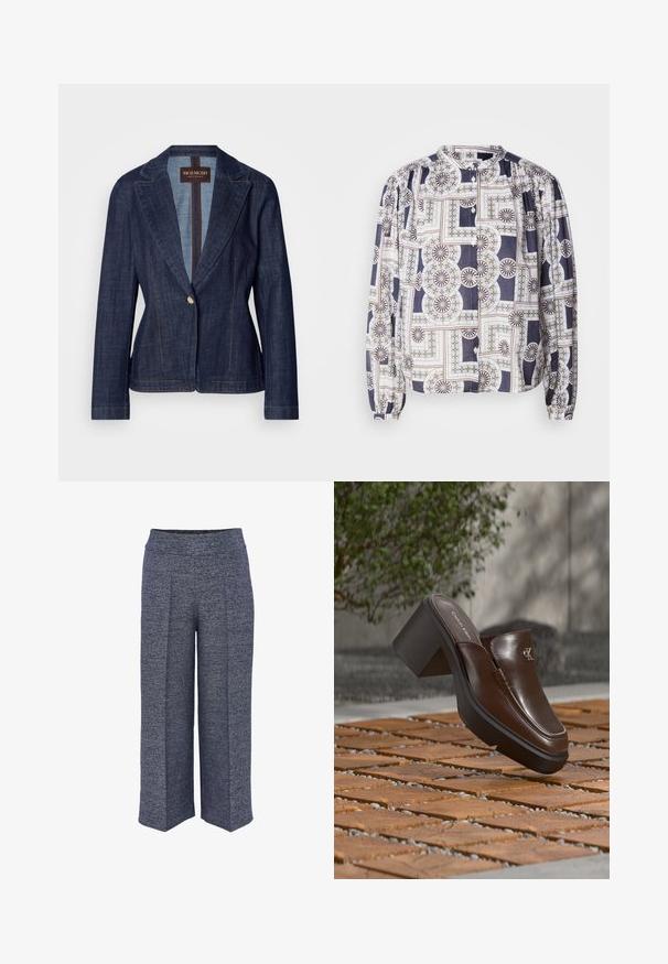 Donkerblauwe denim blazer met een gesneden revers, een enkele knoopsluiting en contrasterende gouden stiksels. Getailleerde pasvorm met lange mouwen.; Patronenblouse met een ronde halslijn, lange pofmouwen, knoopsluiting, met geometrische ontwerpen in marineblauw, wit en groen.; Wijduitlopende broeken gemaakt van een gestructureerde marineblauwe stof, met een hoge tailleband en nette voorplooien voor een gestructureerd ontwerp.; Bruine leren Calvin Klein mule met hak die boven houten tegelvloer zweeft met een vervaagde groene plant en muur op de achtergrond.