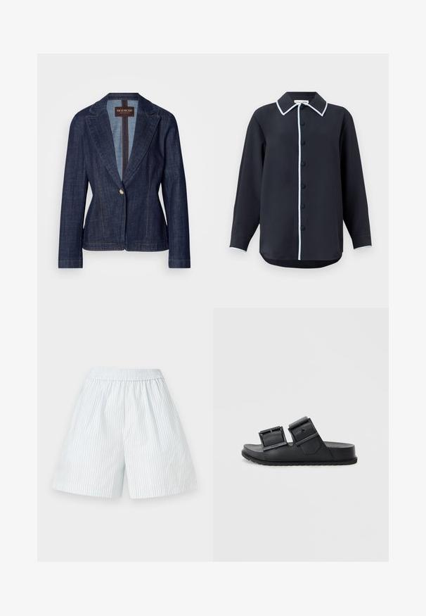 Mørkeblå denim blazer med notch-lapel, enkelt knaplukning og kontrasterende guldstikninger. Tætsiddende pasform med lange ærmer.; Marineblå skjorte med knapper, kontrastfarvet lyseblå krave og knapliste, lange ærmer og afrundet kant. Fremstillet af glat stof.; Lyseblå stribede shorts med elastisk talje. Fremstillet af et glat stof, prydet med lodrette hvide striber og en løs pasform.; Sorte klipklappere lavet af tekstureret materiale med to justerbare remme med spænder. Flad sål med et mønstrede dæk for godt greb.