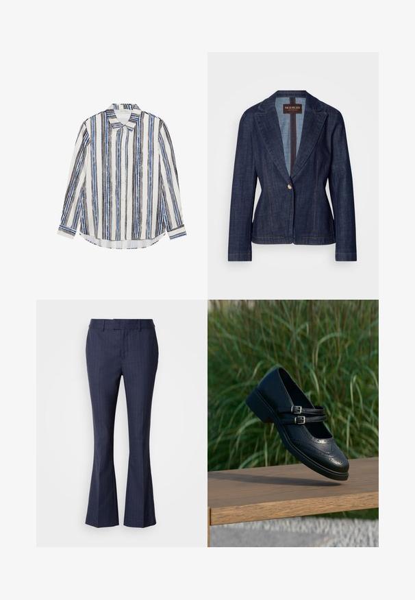 Mørkeblå denim blazer med notch-lapel, enkelt knaplukning og kontrasterende guldstikninger. Tætsiddende pasform med lange ærmer.; Button-up skjorte med lodrette striber i nuancer af blå, sort og hvid. Fremstillet af glat stof med klassisk krave og knaplukning.; Mos Mosh CARIE - Bukser - maritime blue; Sort læder Mary Jane-sko med dobbelte spænder og brogue-detaljer, der svæver over en træbænk med grøn græsbaggrund.