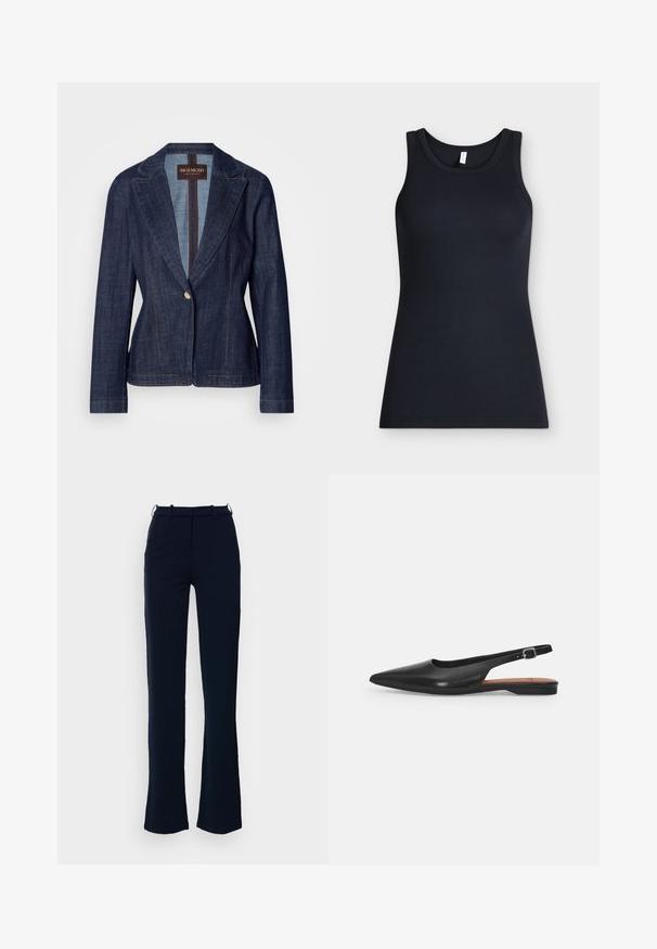 Blazer de mezclilla azul oscuro con solapa muesca, cierre de un solo botón y costuras en dorado contrastante. Corte entallado con mangas largas.; Camiseta sin mangas negra acanalada con escote redondo, mostrada plana sobre un fondo claro.; Pantalones azul marino con un diseño de pierna recta, hechos de una tela suave, con lazos para cinturón y cierre de cremallera en la parte delantera.; Zapato de cuero negro tipo slingback con punta afilada, ligero brillo y correa ajustable en el tobillo. Tacón plano con plantilla marrón.