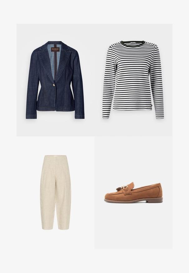 Blazer de mezclilla azul oscuro con solapa muesca, cierre de un solo botón y costuras en dorado contrastante. Corte entallado con mangas largas.; Camisa de manga larga a rayas en blanco y negro, con un cuello redondeado verde. Tejido suave con un corte regular y dobladillo recto.; Pantalones de lino beige con un corte holgado, que cuentan con pinzas en la cintura, largo recortado y una tela texturizada y tejida.; Mocasín de ante marrón con borla y detalle de hebilla dorada, suela cosida y tacón bajo apilado sobre fondo blanco.