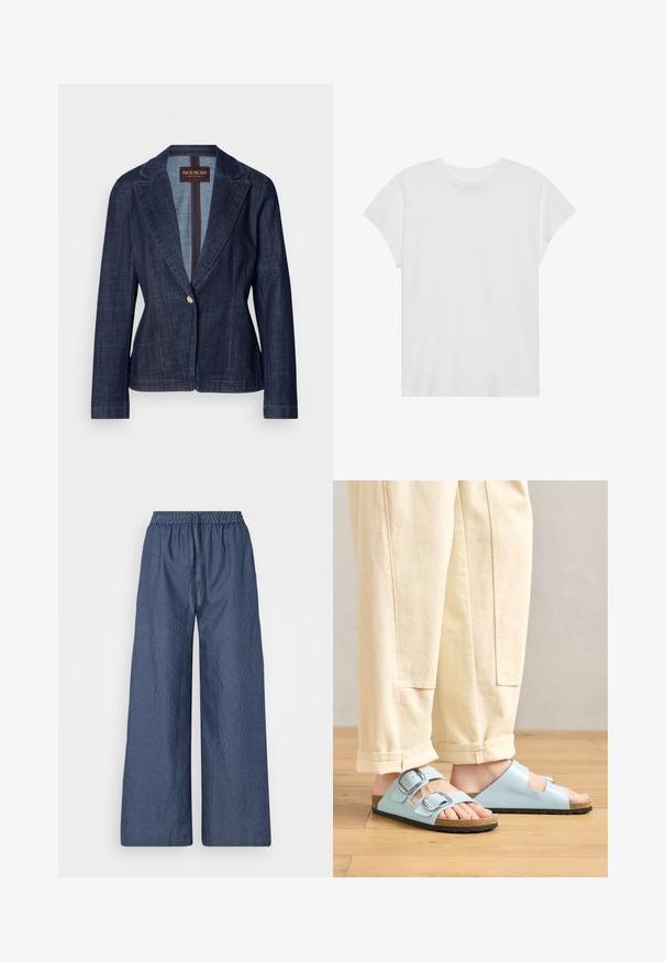 Donkerblauwe denim blazer met een gesneden revers, een enkele knoopsluiting en contrasterende gouden stiksels. Getailleerde pasvorm met lange mouwen.; Witte t-shirt met korte mouwen, ronde hals, relaxte pasvorm, gemaakt van zacht katoen. Glad textuur, geen patronen of logo's.; Lichte blauwe en witte gestreepte wijde broek met een drawstring taille en elastische band, gemaakt van een zachte stof en met een relaxte pasvorm.; Lichtblauwe open-toe sandalen met dubbele gespen, kurken voetbed en zwarte rubberen zool, gedragen bij crèmekleurige wijde broek.