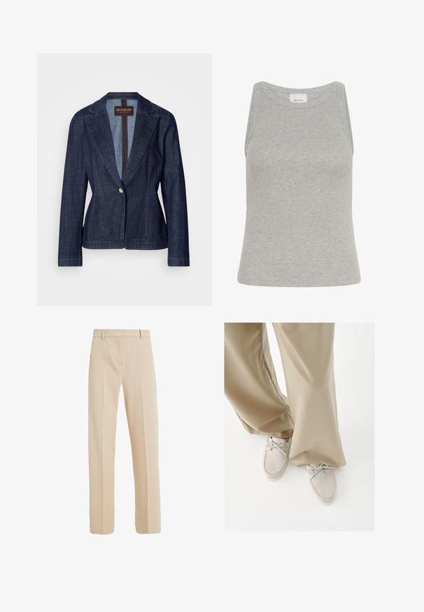 Mørkeblå denim blazer med notch-lapel, enkelt knaplukning og kontrasterende guldstikninger. Tætsiddende pasform med lange ærmer.; Grå ribbet tanktop med rund halsudskæring og ærmeløs design. Fremstillet af blødt stof, har en tætsiddende silhuet og minimale syninger.; Beige skræddersyede bukser lavet af glat stof, med lige ben, sidelommer og folder nedad foran.; Beige mokkasinsko i ruskind med snørebånd, båret med løstsiddende lysebrune bukser på en ensfarvet hvid baggrund.