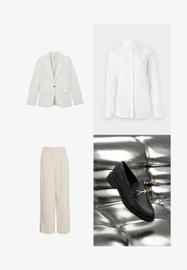 Off-white blazer met een enkele knoopsluiting, notched revers, twee voorzakken en een gladde structuur. Voering aan de binnenkant in een lichtere tint.; Witte overhemd met lange mouwen, gemaakt van glad katoen. Het heeft een klassieke kraag en een knoopsluiting aan de voorkant, met een rechte zoom en zonder patronen.; Hoge taille romige wijde broek met plooien, gemaakt van soepele stof, met een strak design en op maat gemaakte pasvorm.; Zwarte leren instapper met een goudkleurig hardware-detail. De schoen heeft een strak ontwerp en een gladde, glanzende textuur.