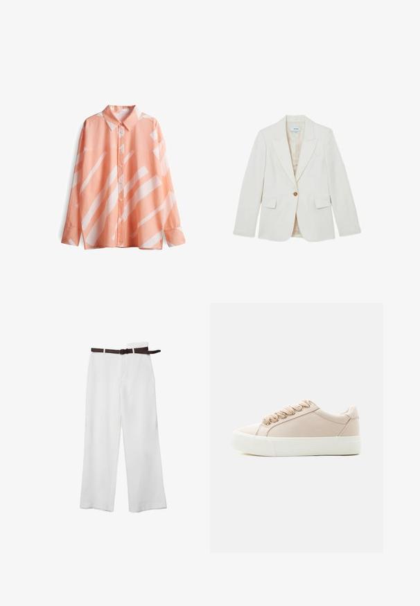 Off-white blazer met een enkele knoopsluiting, notched revers, twee voorzakken en een gladde structuur. Voering aan de binnenkant in een lichtere tint.; Perzikkleurig shirt met een kraag, lange mouwen en witte geometrische patronen. Zachte, lichte stof met een relaxte pasvorm.; Witte wijde broek met een donkerbruine leren riem door de riemlussen, plat op een witte achtergrond gelegd.; Beige lage canvas sneaker met beige veters en dikke witte rubberen zool, zijaanzicht op een lichtgrijze achtergrond.