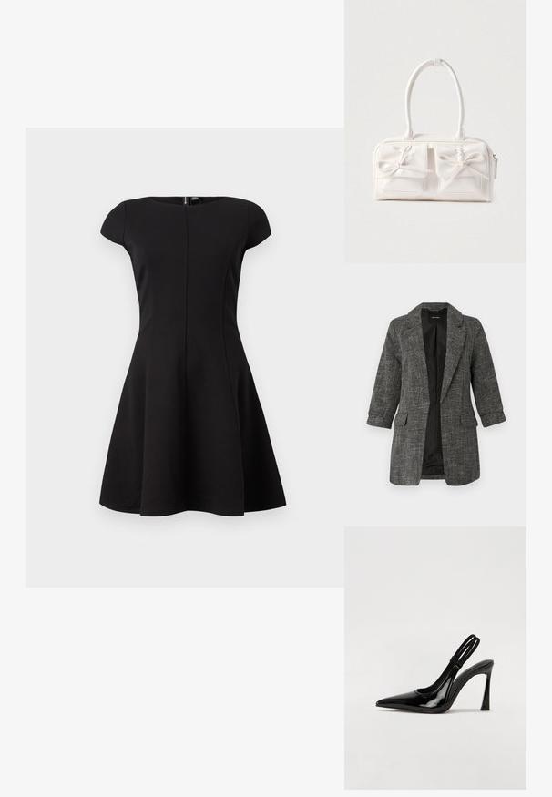 Grauer Blazer mit strukturierter Oberfläche, einem Reverskragen, zwei Vordertaschen und dreiviertellangen Ärmeln; das Innenfutter ist glatt und schwarz.; Schwarzes Kleid mit kurzen Ärmeln und tailliertem Oberteil sowie ausgestellt Rock. Glattes Material, knielanges Design und ein verdeckter Reißverschluss im Rücken.; Schwarze Lackleder Slingback-Pumps mit spitzem Zehenbereich, schlankem hohen Absatz und doppeltem elastischen Riemen für einen sicheren Sitz. Glatte, glänzende Oberfläche.; Weiße synthetische Handtasche mit zwei vorderen Taschen, jeweils mit einer gebundenen Schleifendekoration. Glatte Textur, abgerundete Griffe und Reißverschluss.