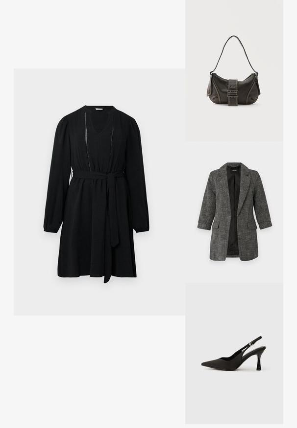 Grijze textuurblazer met een ingesneden kraag, twee zakken aan de voorkant en driekwart mouwen; de binnenkant heeft een gladde zwarte voering.; Zwarte jurk met lange mouwen, V-hals, elastische taille en een stoffen riem. Kenmerkend zijn de verticale stiksels aan de voorkant.; Zwarte slingback hakken met een spitse neus, een gladde matte afwerking en een slanke, glanzende hak. Verstelbare band met een klein gespdetail.; Zwarte leren schoudertas met gespsluiting aan de riem, afgeronde hoeken en contrasterende witte stiksels op een effen achtergrond.