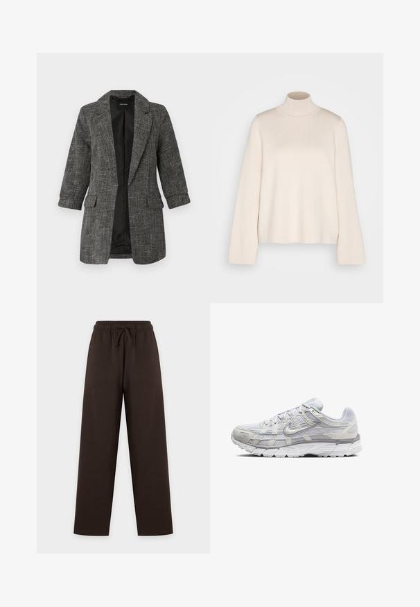 Grå tekstureret blazer med reverskrave, to forlommer og trekvartlange ærmer; indersiden har et glat sort for.; Cremefarvet højhalset sweater med lange ærmer, lavet af blødt strikket stof. Har en tætsiddende krave og en afslappet silhuet. Ingen synlige mønstre eller detaljer.; Mørkebrune bukser med brede ben og elastisk talje med bindesnor, vist fladt mod en lys baggrund.; Lys grå atletik sko med en overdel i mesh og syntetiske materialer, der har snørebånd, polstret krave og struktureret sål for godt greb.