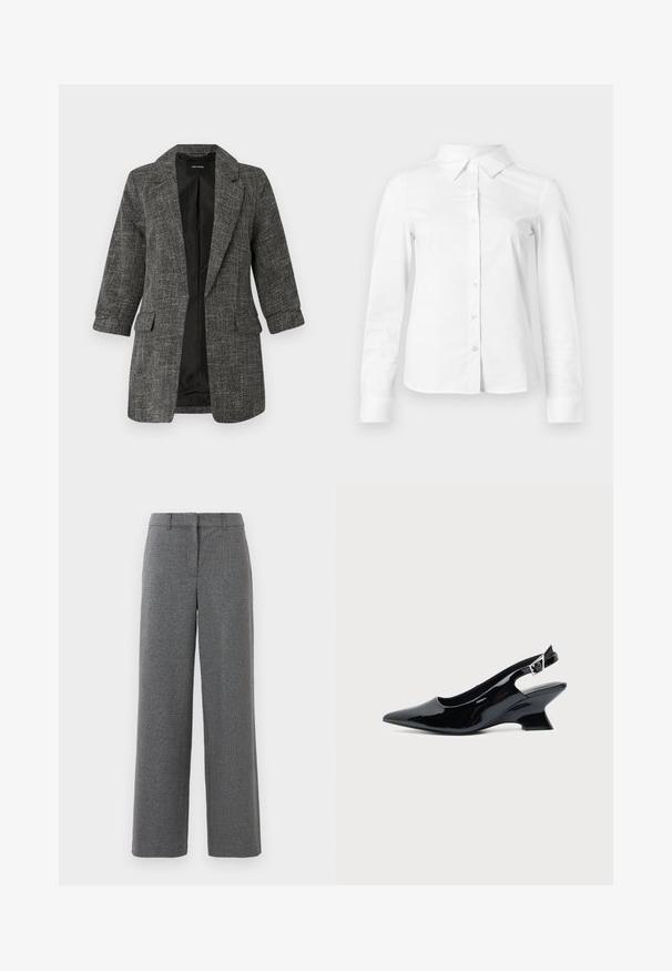 Blazer texturé gris avec un col cranté, deux poches avant et des manches trois-quarts ; intérieur avec une doublure noire lisse.; Chemise blanche à manches longues avec boutons, col pointu, ourlet droit et silhouette ajustée, présentée sur un fond clair uni.; Pantalons gris en tissu texturé et tissé. Design à jambes larges, devant plat et sans matériel ou accents visibles. Convient pour une tenue formelle.; Chaussure slingback en cuir verni noir avec bout pointu et petit talon bloc incliné sur fond clair uni.