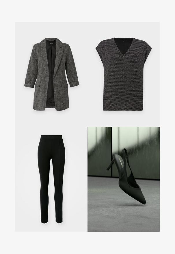 Blazer gris texturizado con cuello de solapa, dos bolsillos delanteros y mangas de tres cuartos; el interior cuenta con un forro negro liso.; Top negro de cuello en V con mangas cortas, que presenta un patrón de tejido texturizado en un diseño de romboides diagonal. Tejido suave con un ligero brillo.; Leggings negros de material elástico, con cintura alta, corte ajustado y dos bolsillos frontales sin costuras visibles.; Zapato slingback negro de tacón alto con puntera puntiaguda y correa en el tobillo, de la marca "ANNA FIELD", flotando ligeramente sobre una superficie gris.