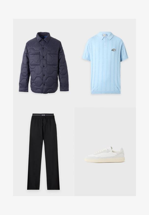 Veste matelassée bleu marine avec fermeture à boutons sur le devant, col pointu, manches longues et deux poches poitrine sur un fond clair.; Polo bleu clair à manches courtes avec motif en maille torsadée verticale, trois boutons, col et petit écusson rond avec logo sur la poitrine gauche.; Pantalons noirs à coupe décontractée, taille élastique, cordon de serrage ajustable et poches latérales. Fabriqués en tissu lisse sans motifs.; Baskets blanches avec dessus en daim et cuir texturé. Caractérisées par un bout arrondi, une fermeture à lacets et une semelle en caoutchouc beige contrastante.