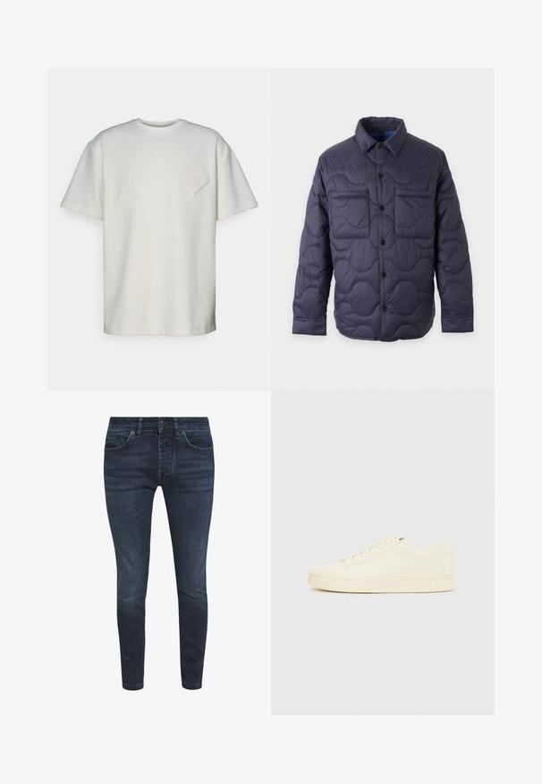 Veste matelassée bleu marine avec fermeture à boutons sur le devant, col pointu, manches longues et deux poches poitrine sur un fond clair.; T-shirt à manches courtes en coton blanc cassé, avec un patch en diamant texturé et un design en relief sur la poitrine gauche.; Jean en denim bleu foncé avec une coupe slim, cinq poches, et fermeture à bouton et glissière standard ; présente un léger délavage et aucune usure visible.; Baskets couleur crème avec une tige en cuir lisse, bout arrondi, laçage à l'avant et semelle en caoutchouc texturée. Design minimaliste, sans logo.