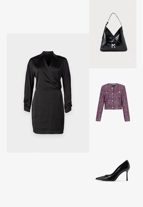 Gekürzte Jacke aus mehrfarbigem gewebtem Stoff mit strukturiertem Muster, rundem Ausschnitt und silberfarbenen Knopfdetails. Lange Ärmel.; Schwarzes Satin-Wickelkleid mit langen Ärmeln, V-Ausschnitt und gerafften Ärmeldetails. Die glatte Textur und die taillierte Silhouette betonen das elegante Design.; Schwarzer Stiletto-Pumps aus Lackleder mit spitzer Zehenpartie und schlankem hohen Absatz, seitlich auf weißem Hintergrund dargestellt.; Schwarze Schultertasche aus Lackleder mit einem einzelnen Riemen und silbernem "K"-Logo vorne vor einem schlichten hellen Hintergrund.