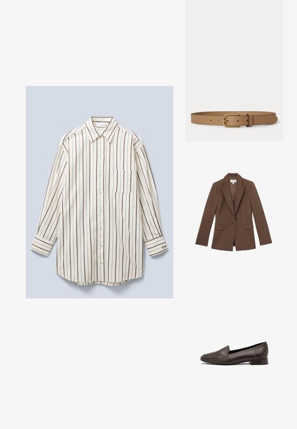 Blazer marrón con un solo botón, solapas con muesca, dos bolsillos delanteros con solapa y un bolsillo en el pecho, hecho de tela lisa.; Camisa de manga larga, con botones, hecha de tela ligera, con rayas verticales blancas y marrones, un bolsillo en el pecho y puños abotonados.; Mocasines de cuero marrón con tacón plano, diseño de punta afilada y un acento cosido en el empeine, con una textura suave.; Cinturón de cuero marrón claro con hebilla rectangular dorada y bordes cosidos, mostrado plano sobre un fondo claro.