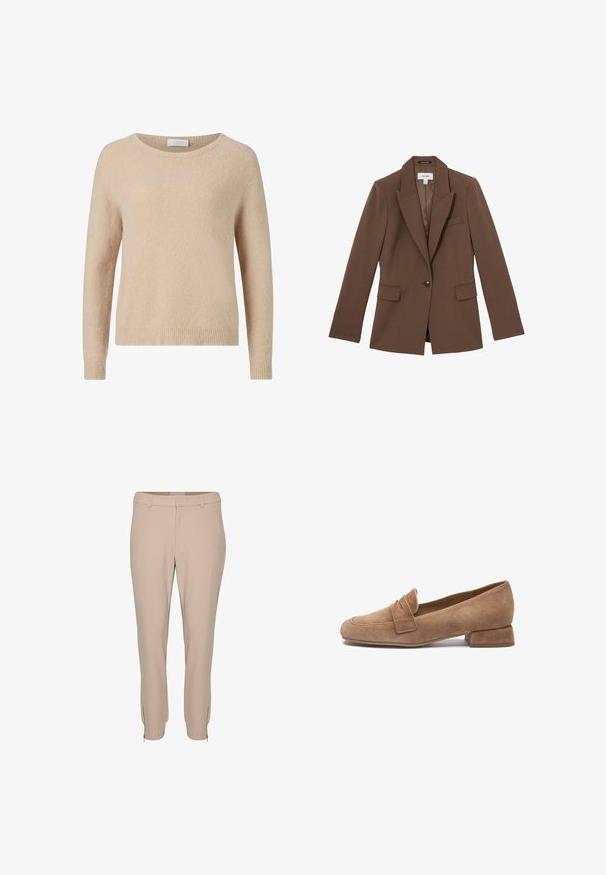 Blazer marron à un bouton avec revers crantés, deux poches avant à rabat et une poche poitrine passepoilée, en tissu lisse.; Pull en tricot beige avec un col rond, des manches longues et un ourlet côtelé. Texture douce et coupe décontractée. Étiquette visible au niveau du col.; Pantalons beiges ajustés, dotés de poches latérales et de détails zippés à l'ourlet, fabriqués dans un tissu lisse et léger.; Mocassin pour femme en daim marron avec petit talon carré et détail de sangle sur le dessus, présenté de profil sur un fond blanc.
