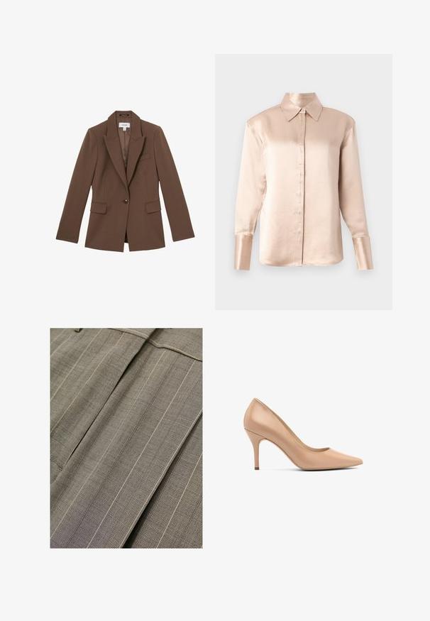 Bruine blazer met één knoop, met notch-revers, twee klepzakken aan de voorkant en een borstzakje, gemaakt van gladde stof.; Satin blouse in zacht beige met een klassieke kraag, lange mouwen, knoopsluiting aan de voorkant en een licht oversized pasvorm. Gladde textuur, minimale details.; Close-up van beige stof met fijn raster en dunne verticale witte strepen, met scherpe plooien en gestikte naaddetails.; Beige hoge hakken met een spitse neus, van soepel leer en met een slanke hak. Eenvoudig ontwerp zonder zichtbare patronen of accenten.