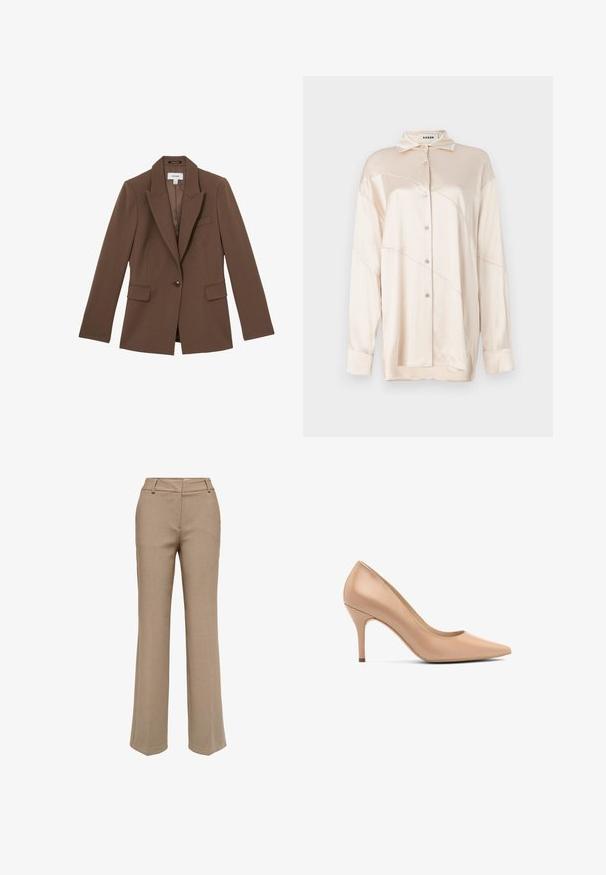 Pruun ühe nupuga bleiser sälk-kaelusega, kahe esiklompi ja ühe rinnaauguga, õmmeldud siledast kangast.; AERON ABIGAIL SHIRT - Nööpidega pluus - silver; Beežid sirgete säärtega püksid, millel on vööaasad ja ees lukuga sulgur, esitatud valgel taustal.; Beeži kõrgem kontsaga king, terava varbaga, siledast nahast materjalist ja peene kontsaga. Lihtne disain ilma nähtavate mustrite või aktsendita.