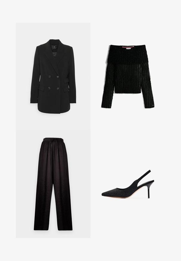 Sort dobbeltbrystet blazer lavet af struktureret stof, med en klippet krave, to forlommer og seks knaplukninger.; Sort skulderfri ribstrikket sweater med lange ærmer og en bred foldet halsudskæring, med diskrete glitrede detaljer.; Sorte vidde bukser med elastisk talje og subtil leopardprint tekstur, der har en snor i fronten.; Sort slingback pumpe med spids tå, prydet med rhinsten. Har et strømlinet design, høj stilettosandalhæl og en glat indvendig foring.