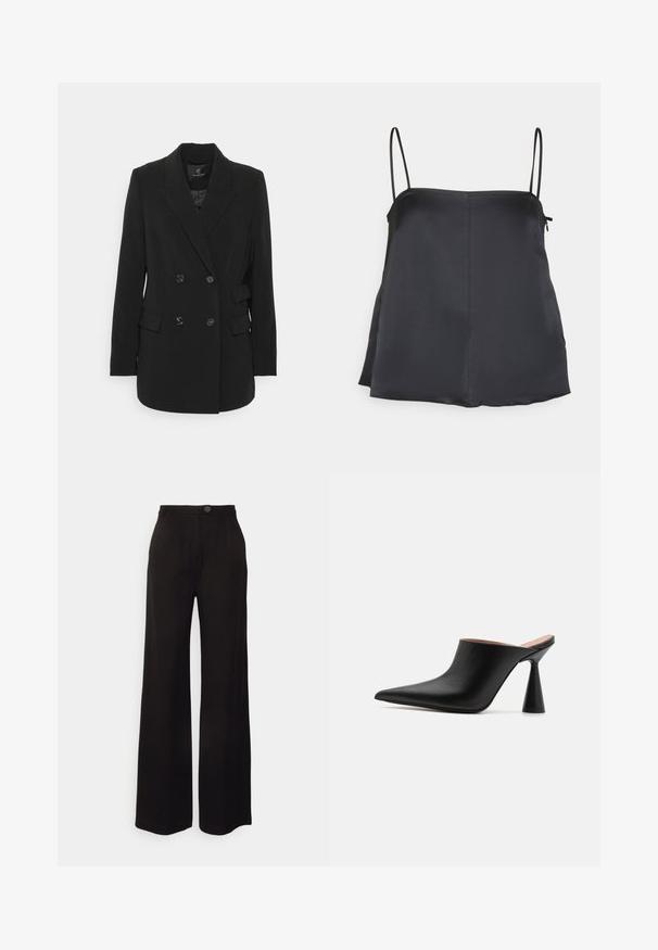 Sort dobbeltbrystet blazer lavet af struktureret stof, med en klippet krave, to forlommer og seks knaplukninger.; House of Dagmar SHINY STRAP TOP - Top - dark navy; Sorte vide ben bukser lavet af et glat stof, med en frontknaplukning og to frontfolder for ekstra detaljer.; Sorte lædermules med spids tå og en unik kegleformet hæl. Glat tekstur og minimalistisk design, åben bagside for nem påtagning.