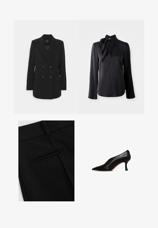 Zwarte double-breasted blazer van textuurstof, met een gekartelde kraag, twee voorzakken en zes knoopsluitingen.; Zwarte langemouwen blouse van gladde stof met een V-hals en een gestrikt kraagdetail. Heeft een rechte snit en subtiele stikaccenten.; Zwarte broek van gladde stof, met een vlakke voorkant en een enkele achterzak met een gleufopening.; Zwarte leren hoge hak schoen met een spitse neus en een slanke, gebogen hak. Kenmerkt zich door een gladde textuur en een minimalistisch ontwerp.