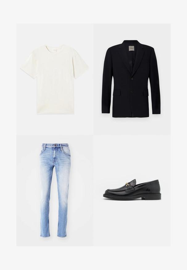 Marineblazer lavet af glat stof med klapkrave, enkeltknaplukning, to forreste lommer og en diskret inderforing.; Korte ærmer, crew neck t-shirt i lys beige, blødt bomuldsstof med en afslappet pasform og uden synlige mønstre eller accenter.; Lyseblå denim jeans med en falmet finish, lige ben-snit, fem lommer, bæltestropper og enkelt knaplukning i taljen.; Sorte læder loafers med en rund tå, der har guld hardware accent og syningsdetaljer, placeret på en lav, tekstureret gummisål.