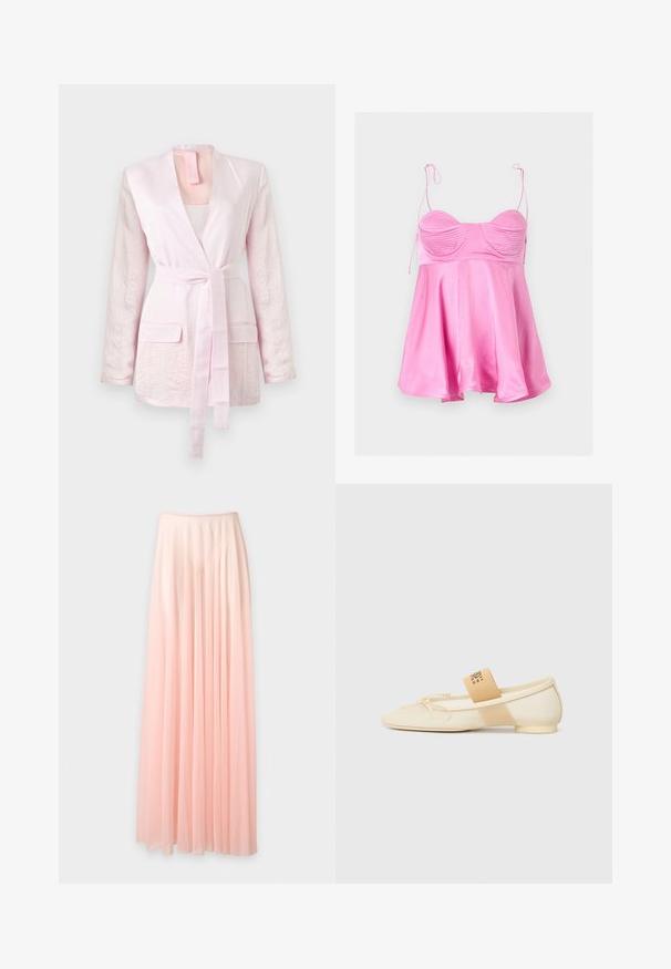 Light pink long-sleeve blazer with textured fabric, two front flap pockets, and a matching fabric belt tied at the waist.; Pink satin camisole with ruched cups, flared hem, and thin adjustable shoulder straps tied in bows.; Long, pleated, pale pink chiffon skirt with an elastic waistband, displayed against a plain white background.; Cream-colored flat shoe with a pointed toe, lace-up detail, and a decorative strap with logo on the side. Smooth texture, low heel.