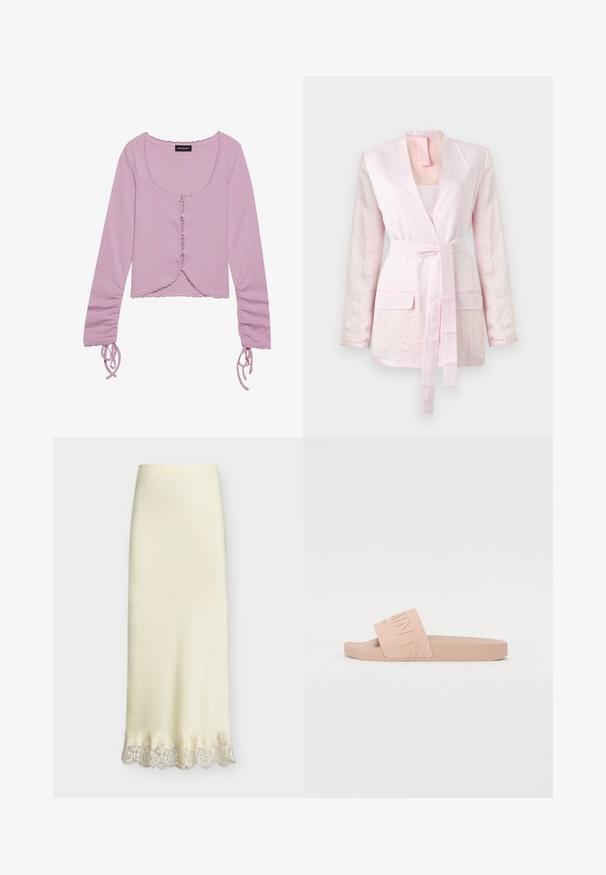 Lichtroze blazer met lange mouwen van gestructureerde stof, twee klepzakken aan de voorkant en een ceintuur van dezelfde stof die in de taille is gestrikt.; Lilak lange mouwen cropped top met een vierkante hals, knoopsluiting aan de voorkant, ruches aan de randen en verstelbare strikdetails op de mouwen.; Cremekleurige satijnen rok met kanten rand aan de zoom, rechte pasvorm en hoge taille tegen een effen achtergrond.; Roze rubberen schuif-sandaal met een brede band met reliëftekst. De zool is plat en voorzien van een structuur voor grip. Eenvoudig, minimalistisch ontwerp.