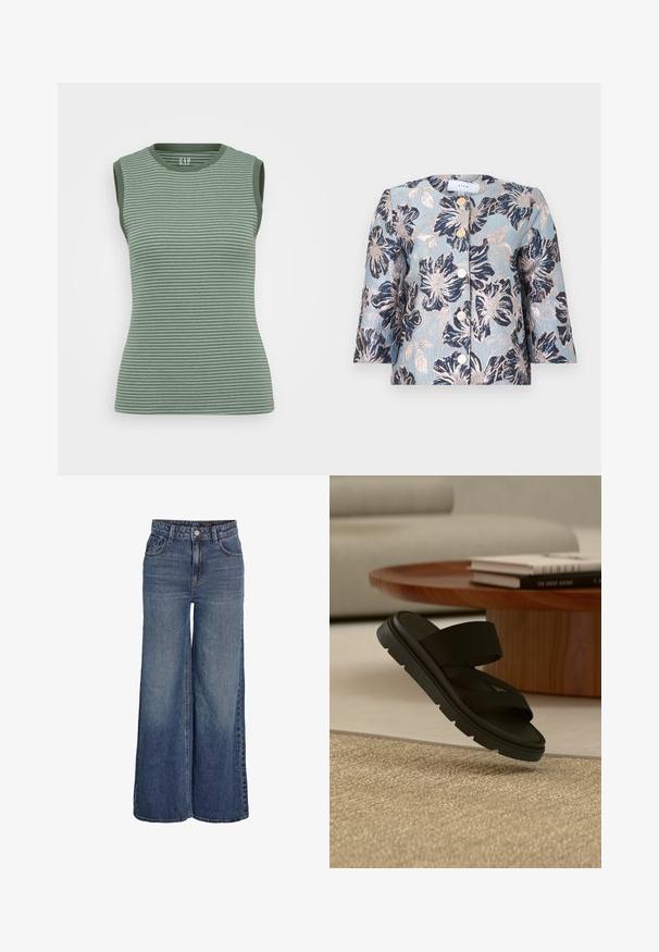 Lyseblå kvindejakke med stort navyblåt og beige blomsterprint samt fem gyldne knapper foran, trekvartærmet.; Sømløs grøn ribbet tanktop med mørkegrønne detaljer i kanterne. Har en rund hals og en tætsiddende silhuet.; Blå denimjeans med høj talje og vide ben, foran knapper, lynlås, bæltestropper og forlommer, vist på hvid baggrund.; Sort slip-on sandal med tyk sål svæver over et beige tekstureret tæppe, med et rundt træ sofabord og bøger i baggrunden.