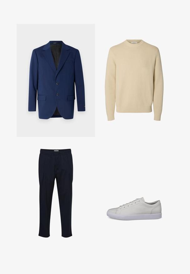 Marineblå blazer lavet af glat stof, med en notch-lapel, to knapper og to forreste lommer samt en enkelt brystlomme.; Enkel beige crewneck striktrøje med lange ærmer og ribstrikkede manchetter og kant.; Marineblå skræddersyede bukser med snoretræk i taljen, plisseret front og tætsiddende ankler. Fremstillet af et glat, let materiale.; Hvid lav sneaker med hvide snørebånd, minimal syning og en flad hvid gummisål, vist fra siden på en ensfarvet baggrund.