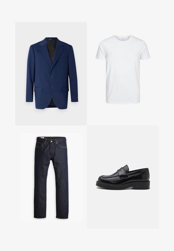 Blazer bleu marine en tissu lisse, avec un revers cranté, deux boutons et deux poches avant ainsi qu'une poche poitrine.; T-shirt à col rond à manches courtes de couleur blanche unie, fabriqué en coton doux, avec un design simple sans motifs ni accents visibles.; Jean en denim bleu marine présentant une coupe droite, des coutures orange et un style à cinq poches avec une fermeture à bouton en métal.; Mocassin en cuir noir avec un bout arrondi, des coutures décoratives à l'avant et une semelle en caoutchouc épaisse. Texture lisse avec une finition brillante.