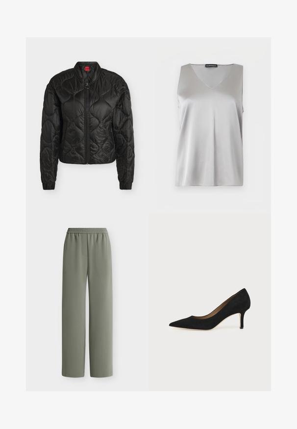Veste bomber noire matelassée avec fermeture éclair devant, poignets élastiques et petit col montant, présentée sur fond blanc uni.; Haut sans manches en satin argenté avec col en V et étiquette Emporio Armani sur fond blanc.; Pantalon ample vert olive avec taille élastique et tissu lisse, montré à plat sur fond blanc.; Escarpin en daim noir à bout pointu avec un talon stiletto fin de hauteur moyenne et un design à coupe basse sur un fond uni.