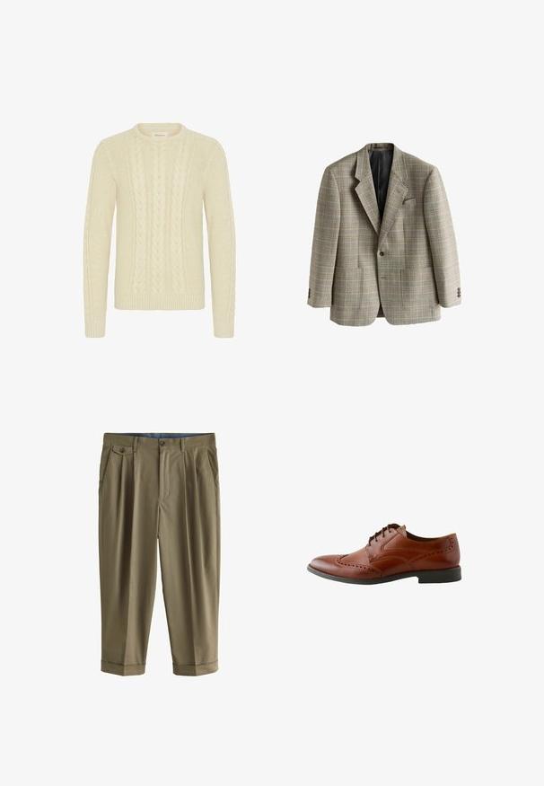Blazer de hombre hecho a medida con patrón de cuadros beige y marrón, solapas con muesca, botón de un solo pecho y bolsillos frontales, presentado plano.; Blend BHBASIM - Jersey de punto - oyster gray; Pantalones cortos de hombre en verde oliva con pinzas delanteras, bajos con puños, bolsillos laterales y bolsillo con solapa abotonada encima de la cadera izquierda.; Zapato brogue de hombre de cuero marrón con detalles en ala y suela negra, visto de lado sobre un fondo blanco.