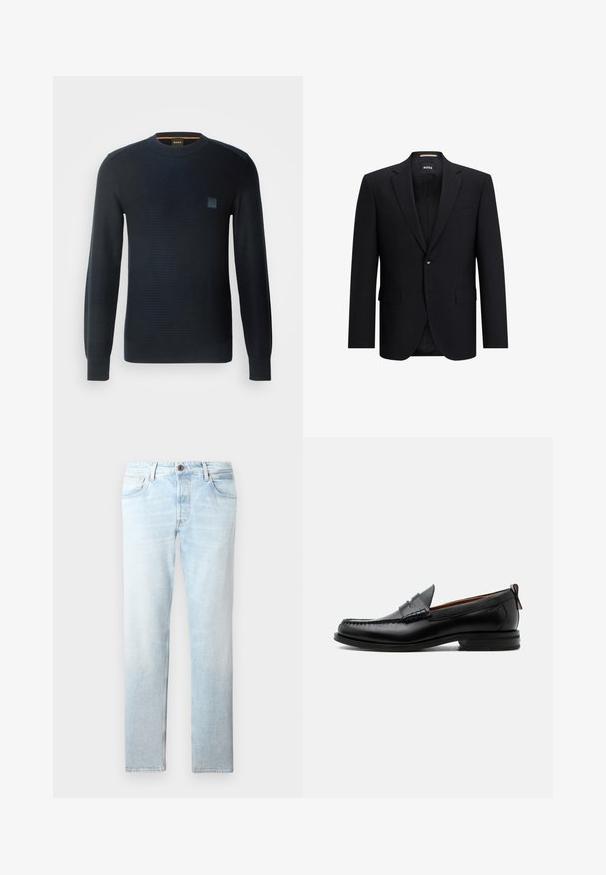 Sort blazer med snorelapel, enkelt knaplukning og to forlommer. Lavet af et glat, tekstureret stof. Brandlogo indeni.; Strikket navyblå sweater med lange ærmer, rund halsudskæring, tekstureret stof og et lille logo-patch på brystet.; Lyseblå denimjeans med lige ben, fem lommer og en enkelt knaplukning, der har slidte pletter og subtil struktur.; Sort læder herre loafer med moc-tå syning, penny strop, struktureret krave og lav stablet hæl på hvid baggrund.