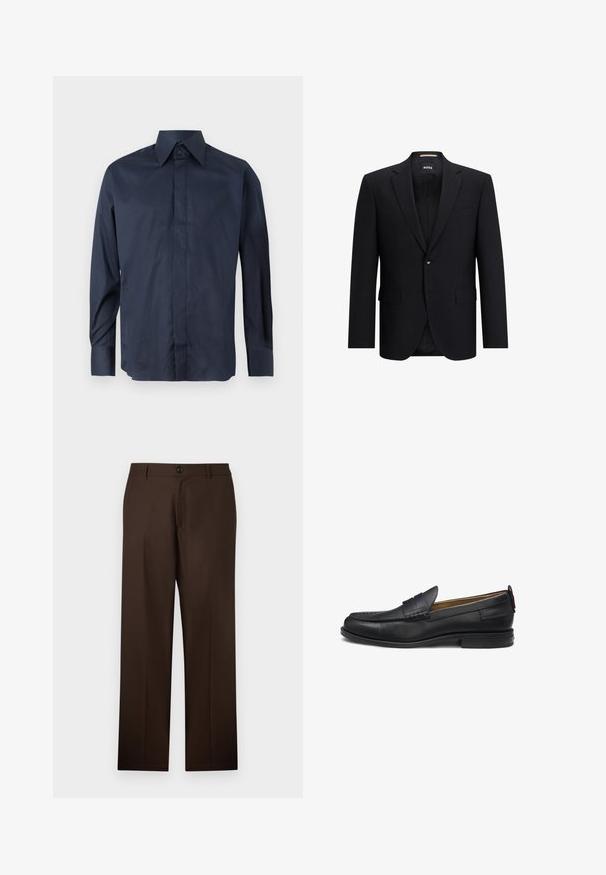 Sort blazer med snorelapel, enkelt knaplukning og to forlommer. Lavet af et glat, tekstureret stof. Brandlogo indeni.; Marineblå skjorte med lange ærmer og spidse kraver, lavet af glat materiale. Har knaplukning og manchetter, ingen synlige mønstre eller grafik.; Brune, skræddersyede bukser med lige ben-design, knaplukning og glat stoftekstur. Ingen synlige mønstre eller accenter.; Sorte loafers i læder med glat finish, rundet tå, dekorativ syning og lav hæl. Har en diskret logo på hælen.