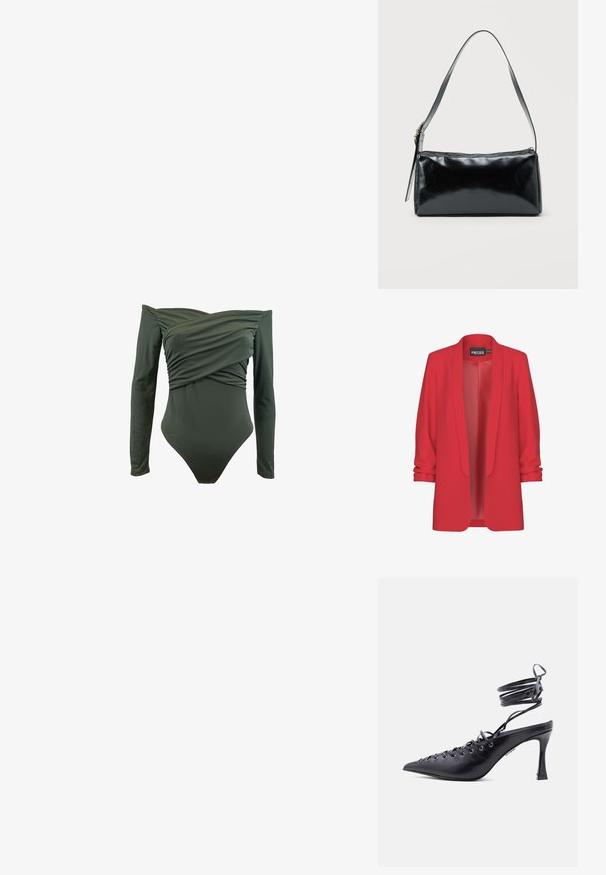 Rode, lichte blazer met een sjawlkragen, open voorkant en opgerolde mouwen. Gemaakt van een gladde stof zonder zichtbare sluitingen. Merk: PIECES.; Badpak met lange mouwen in donkergroen. Heeft een gewikkeld ontwerp aan de voorkant en een soepele textuur. Gemaakt van rekbaar materiaal voor comfort.; Zwarte pumps met puntige neus, hoge hak, en een enkelbandje dat om de enkel wikkelt, voorzien van meerdere oogjes voor veters aan de voorkant.; Zwarte rechthoekige schoudertas met een enkele verstelbare band en een bovenste ritssluiting op een effen achtergrond.