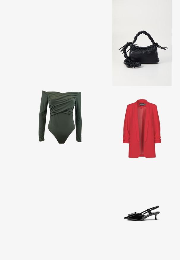 Rød, let blazer med sjalskrave, åben front og op-rullede ærmer. Fremstillet af glat stof uden synlige lukninger. Mærke: PIECES.; Langærmet badedragt i mørkegrøn. Har et indviklet frontdesign og glat tekstur. Lavet af strækbart materiale for komfort.; Sorte patenterede læderslingbacks med spids tå, en sløjfedetalje foran og en lille stilettohæle. Remmene har justerbare spænder.; Sort kunstlæder håndtaske med krokodilteksur, indsnøret top og en sammenkrøben rem. Ser blød og kompakt ud i designet.