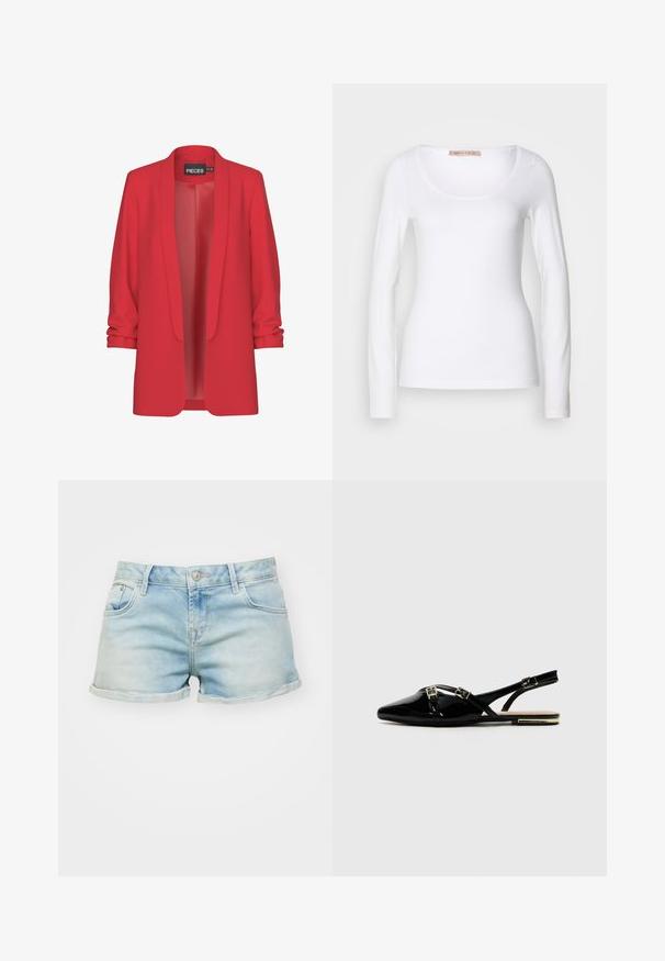 Rød, let blazer med sjalskrave, åben front og op-rullede ærmer. Fremstillet af glat stof uden synlige lukninger. Mærke: PIECES.; Langærmet hvid bomulds T-shirt med rund halsudskæring og tætsiddende design, med glat tekstur og uden udsmykninger.; Lysblå denim shorts med en slidt finish, opfoldede manchetter, femlommesdesign og en knaplukning i taljen.; Sorte patent slingback sko med spids tå, udstyret med to guldspænder og en lille hæl. Glat tekstur og minimalistisk design.
