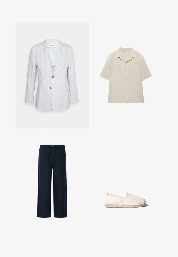 Heathe SINGLE BREASTED - Veste de costume - lavender; Chemise beige à manches courtes avec boutons et col campagnard, fabriquée en tissu léger, présentée à plat sur un fond blanc.; Pantalon à jambes larges bleu marine avec taille élastique et cordon de serrage, en tissu léger pour un usage décontracté.; Espadrille beige clair avec une tige en toile, une ouverture élastiquée et une semelle en jute naturel. Présente une surface texturée et un design minimal.
