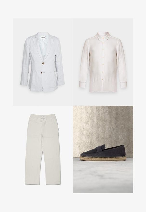 Heathe SINGLE BREASTED - Jakkesæt blazere - lavender; Hvid linnedskjorte med knaplukning foran, klassisk krave og lange ærmer. Har lyse beige knapper og et let tekstureret stof.; Lys grå, afslappede bukser i en struktureret stofkvalitet med elastisk talje og justerbar snor; har sidelommer.; Marineblå mokkasiner i ruskind med flettet jutesål svævende over beige tæppe, med gennemsigtige ravfarvede møbler i baggrunden.